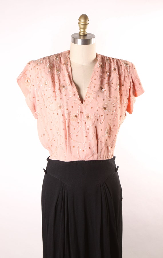 1940s Pink and Black Sequin Detail Short Sleeve D… - image 2