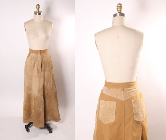 1980s Tan Suede Leather Pocketed Ankle Length Skirt by Together! -M