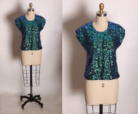 1970s Black, Blue and Green Ombre Fade Sequin Short Sleeve Disco Blouse -L