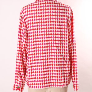 Late 1960s Early 1970s Pink, Red and White Harlequin Square Print Long Sleeve Strawberry Button Covers Blouse L image 9