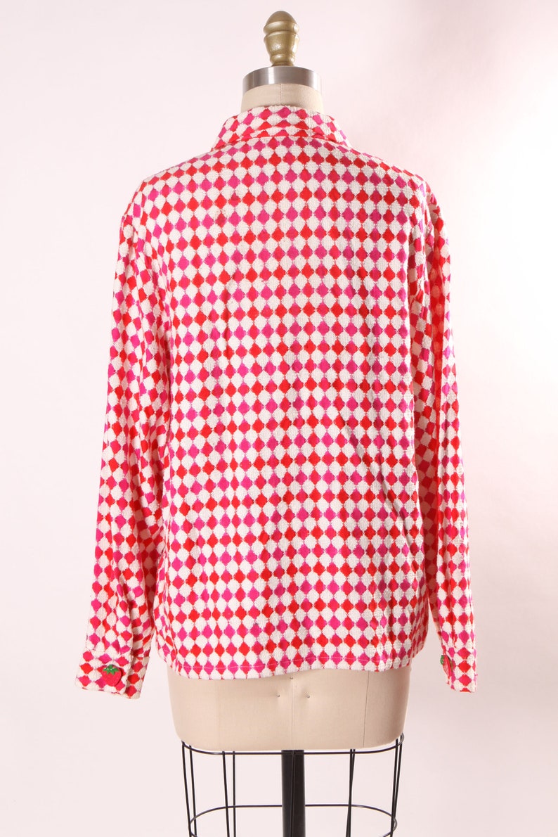 Late 1960s Early 1970s Pink, Red and White Harlequin Square Print Long Sleeve Strawberry Button Covers Blouse L image 9