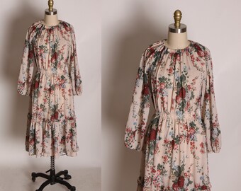 1970s Tan, Burgundy and Blue Floral Long Sleeve Prairie Dress -L