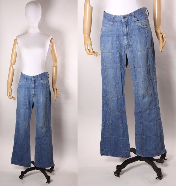 1970s Blue Denim Window Pane Bell Bottom Flare Jeans by Sears -M