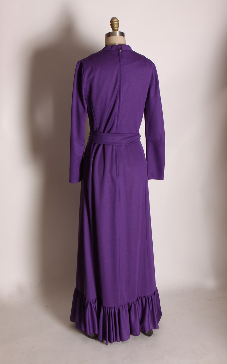 1970s Purple Long Sleeve Ruffle Hem Full Length Rhinestone Belted Dress by Edith Flagg M image 7