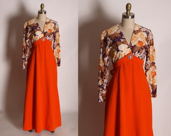 1970s Orange and Brown Lurex Floor Length Long Sleeve Floral V Neck Formal Dress -S