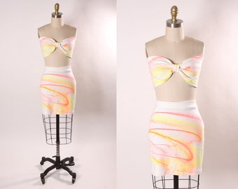 1980s White, Pink and Yellow Paint Splatter Stretch Bikini Tube Top High Waisted Mini Skirt Two Piece Outfit -L