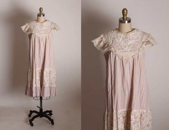 1970s Pink and Tan Floral White Embroidered Lace … - image 5