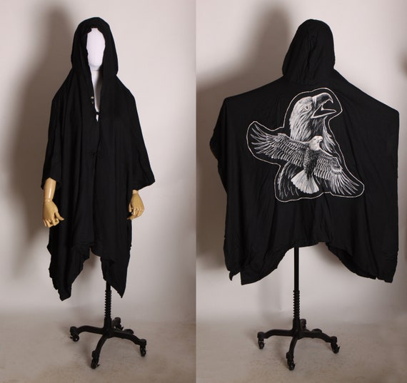 1980s Black Oversized Draped Square Cut Motorcycle Style Eagle Patch Hooded Poncho