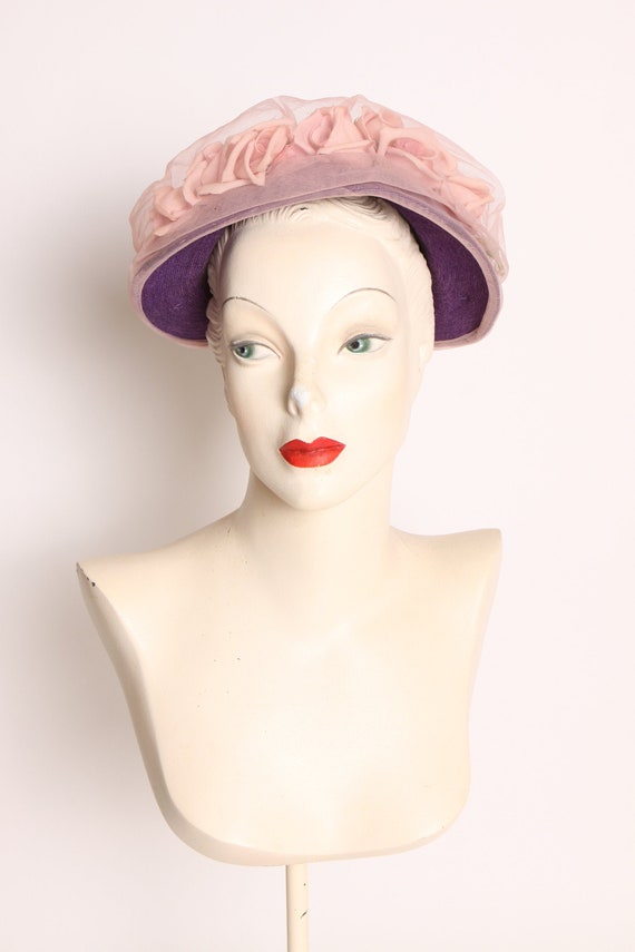 1950s Purple Pink Flower Sheer Overlay Formal Hat
