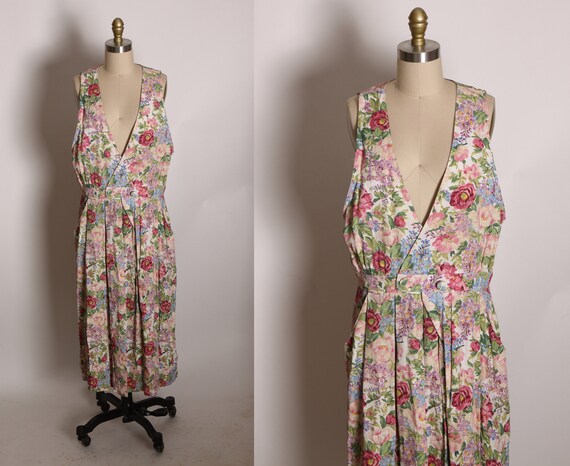 1980s Deep V Sleeveless Pink, Cream, Green and Blue Rose Floral Romantic Dress by R.J. Stevens by Carol Escritor -L