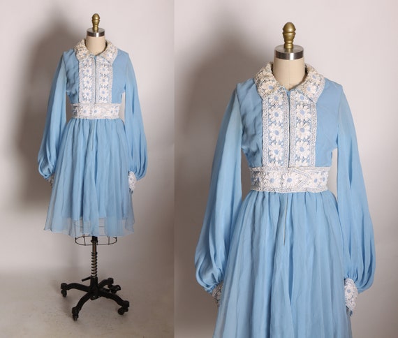 Late 1960s Early 1970s Light Blue and White Floral Lace Puffy Long Sleeve Mini Dress -S