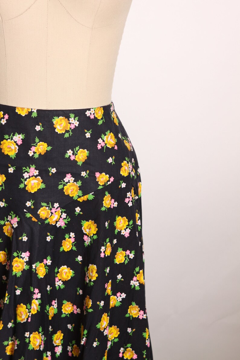 1970s Black, Yellow, Green and Pink Floral Full Length Prairie Cottagecore Skirt by Lanz Original M image 3