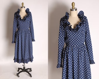 1970s Blue and White Long Sleeve Ruffle Collar and Cuff Polka Dot Dress by Victor Costa LTD -L