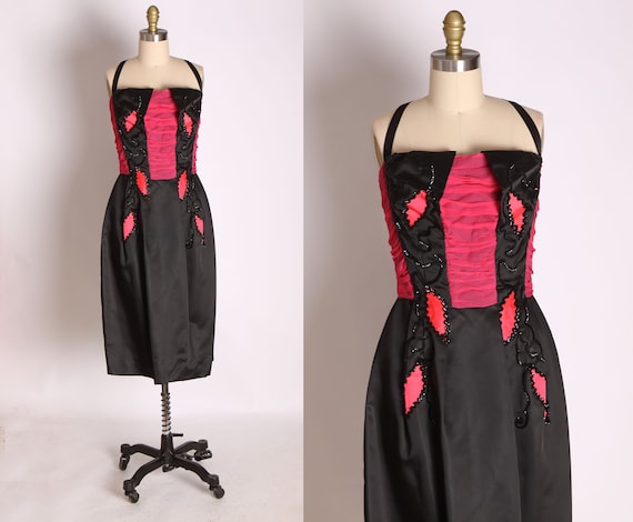 Deadstock 1960s Black Satin and Hot Pink Silk Chiffon Foliage Sequin Leaf Detail Cocktail Dress by Emma Domb -S