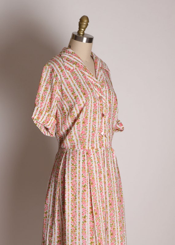 1950s Pink and White Floral Flower Print Striped … - image 6
