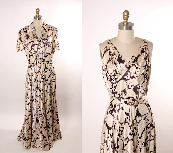 Late 1930s Early 1940s Brown and White Floral Foliage and Swirl Print Sleeveless Floor Length Formal Dress with Matching Cropped Jacket -M