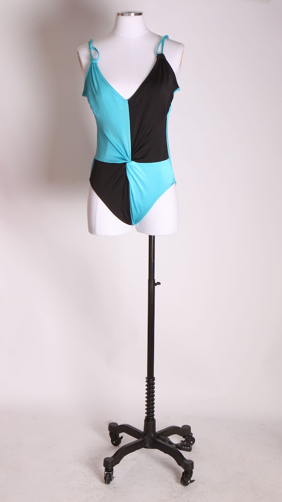 1970s Bright Blue and Black Color Block One Piece Swimsuit by Sirena