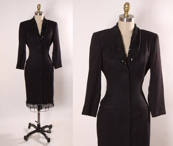 1980s Black Long Sleeve Corporate Goth Dominatrix Button Up Office Dress by Lois Snyder Dani Maxx -XS