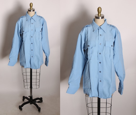 Deadstock 1970s Blue Long Sleeve Button Down Front Uniform Shirt by Clifton Super Shirt -L-XL