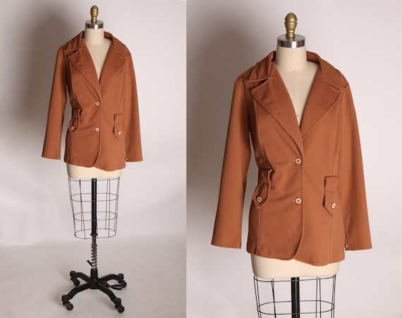 1970s Brown Long Sleeve Belt Loop Polyester Button