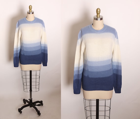 1970s Blue and White Ombre Fade Long Sleeve Pullover Sweater by Sears JR. Bazaar -L