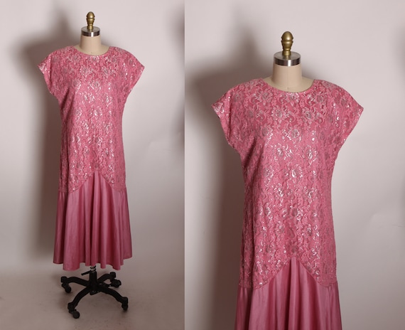 1980s Pink and Silver Short Sleeve Floral Lurex Drop waist Formal Pageant Prom Dress by JCPenney -L