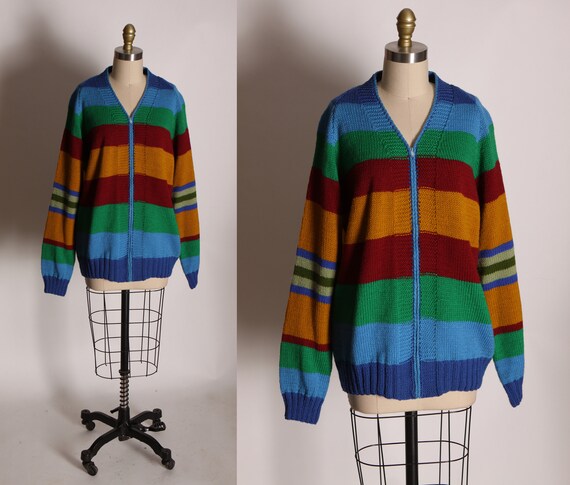 1960s Multi-Colored Rainbow Striped Blue, Green, Red and Tan Long Sleeved Wool Knit Zip Up Cardigan Sweater -L