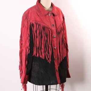 1980s Red and Black Suede Leather Fringe Long Sleeve Metal Snap Western Cowgirl Jacket Coat by Bob Mackie L image 6