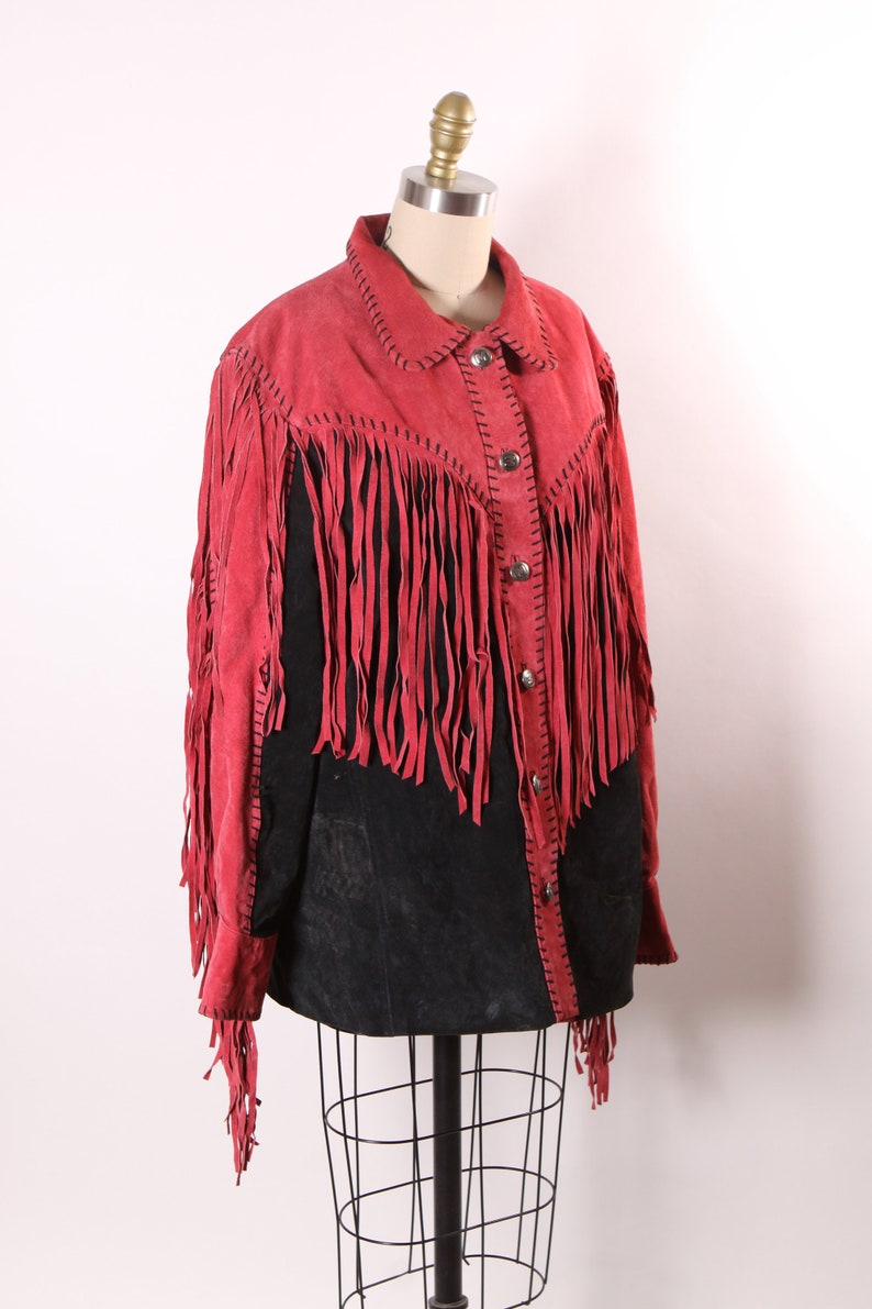 1980s Red and Black Suede Leather Fringe Long Sleeve Metal Snap Western Cowgirl Jacket Coat by Bob Mackie L image 6