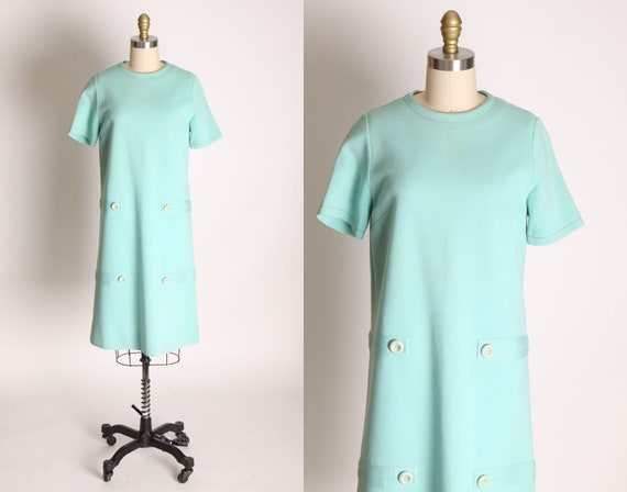 1960s Light Blue Short Sleeve Button Detail Wool Shift Dress by Kimberly for Woolf Brothers -S