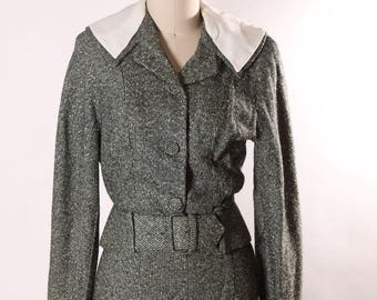 Conjunto de saia e blazer em tweed estilo anos 40 - Cinza e Verde, Tamanho PP