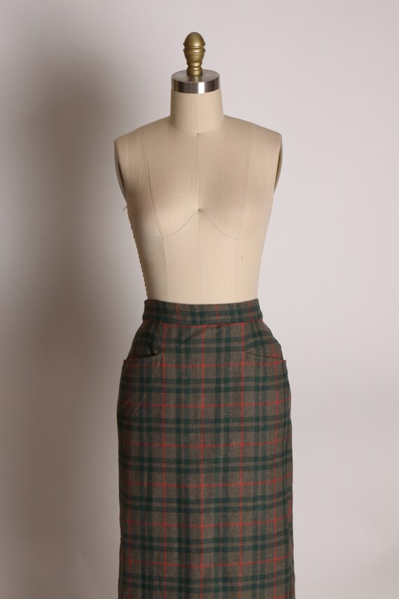 1960s Green, Red and Gray Plaid Kick Pleat Pencil… - image 3
