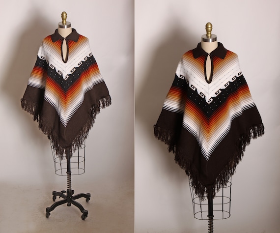 1970s Black, Brown, White and Tan Knit Aztec Ombre Fade Fringe Poncho -M-L