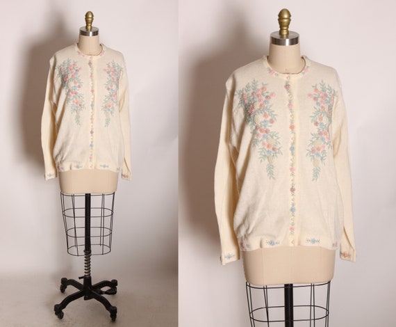 1950s Cream Off White Long Sleeve Button Up Pink and Blue Floral Beaded Sweater Cardigan -XL