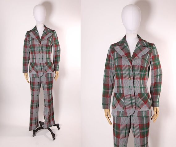 1970s Gray, Green and Red Plaid Long Sleeve Blaze… - image 1