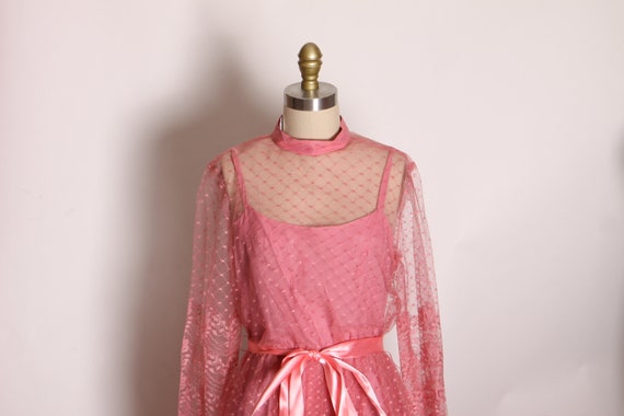 1970s Dusty Rose Pink Sheer Lace Long Sleeve Full… - image 3