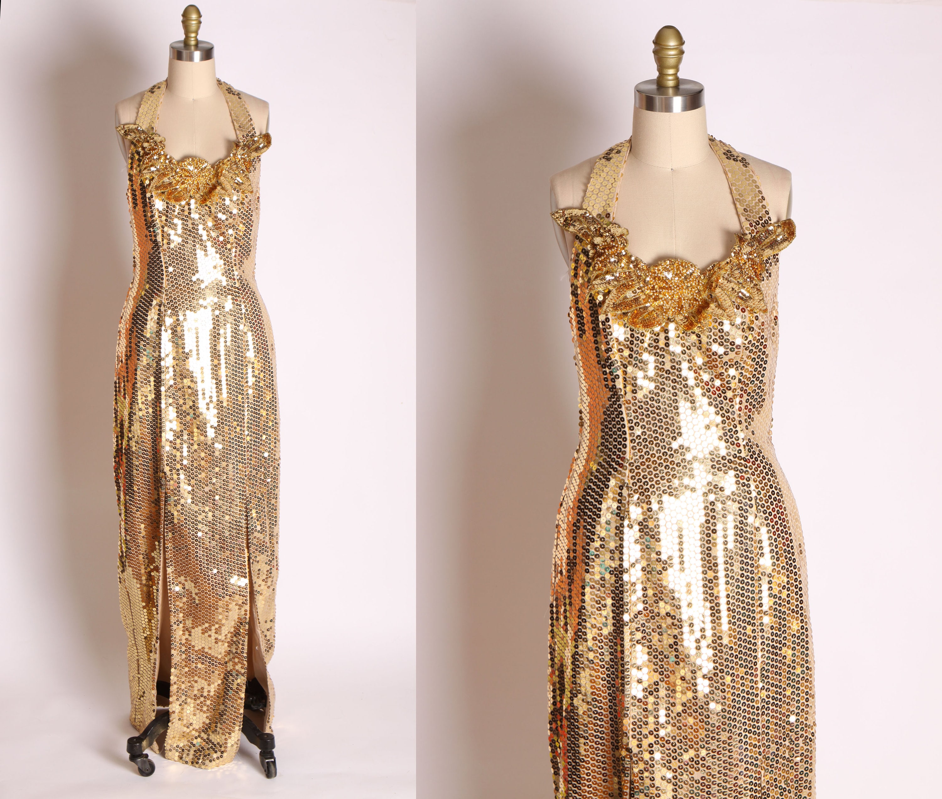 1980s Gold Sequin Halter Top Full Length Pageant Prom Dress by ...