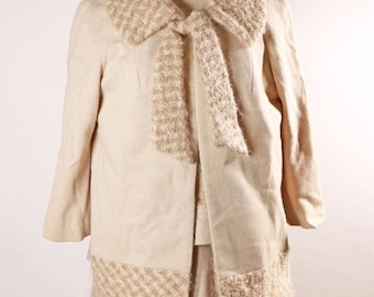 1960s Beige Short Sleeve Knit Short Sleeve Blouse with Matching Skirt and 3/4 Length Sleeve Jacket Three Piece Skirt Suit by Lilli Ann -M