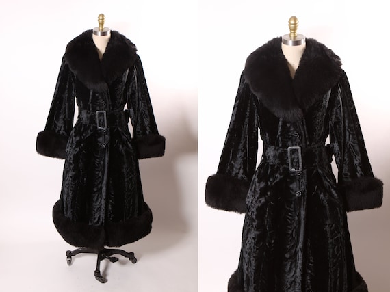 Late 1960s Mod Black Persian Lamb Style Faux Fur Long Sleeve Button Up Belted Penny Lane Princess Coat -M