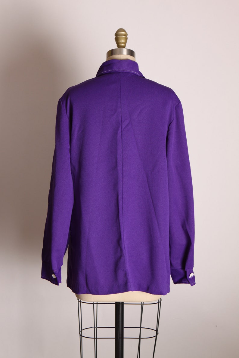 1970s Purple Knit Polyester Long Sleeve Button Up Front Pocketed Dagger Collar Shirt Blouse 1XL