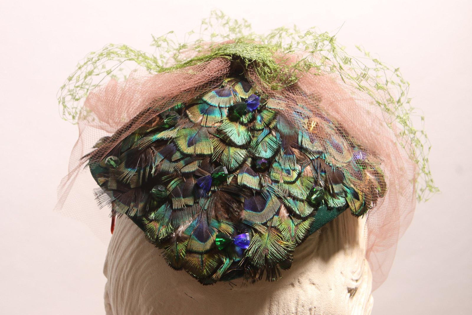 1950s Jeweled Peacock Feather Fascinator Hat, Veiled Vintage  display picture 1