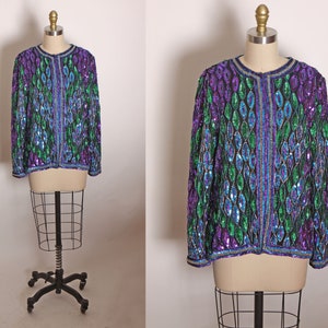 1980s Blue, Purple and Green Geometric Long Sleeve Beaded and Sequin Long Sleeve Cardigan Jacket Silk Jacket image 1