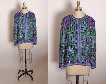 1980s Blue, Purple and Green Geometric Long Sleeve Beaded and Sequin Long Sleeve Cardigan Jacket Silk Jacket