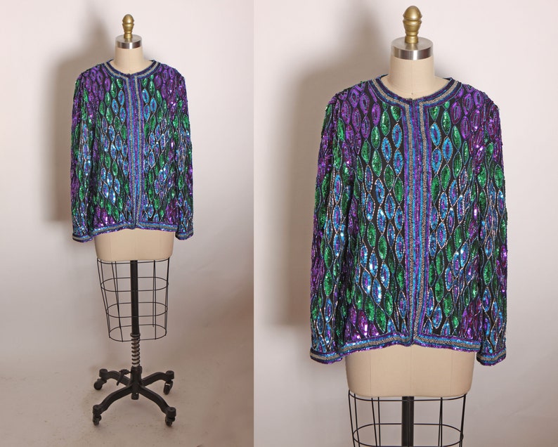 1980s Blue, Purple and Green Geometric Long Sleeve Beaded and Sequin Long Sleeve Cardigan Jacket Silk Jacket image 1