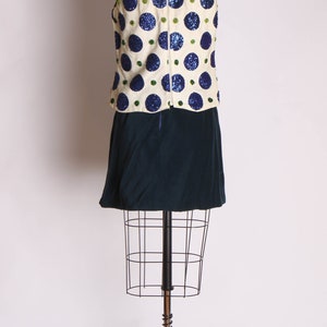 1960s White Blue and Green Oversized Polka Dot Sequin Blouse and Velvet Mini Skirt Suit Outfit XS image 2