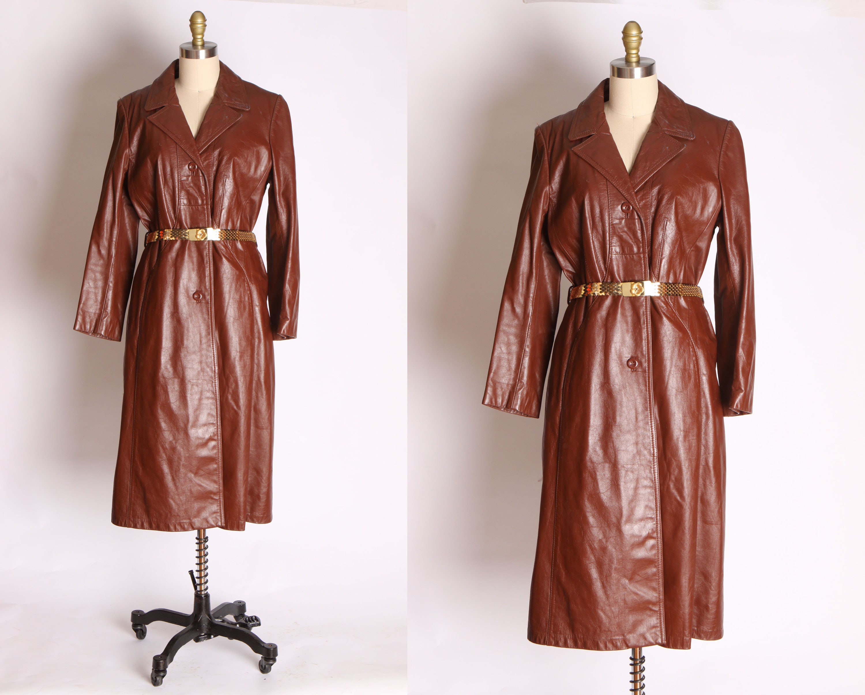 1970s Reddish Brown Leather Knee Length Coat by Genuine Leather -L