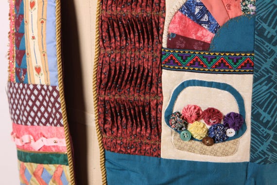 1980s Multi-Colored Patchwork Quilt Basket and He… - image 6