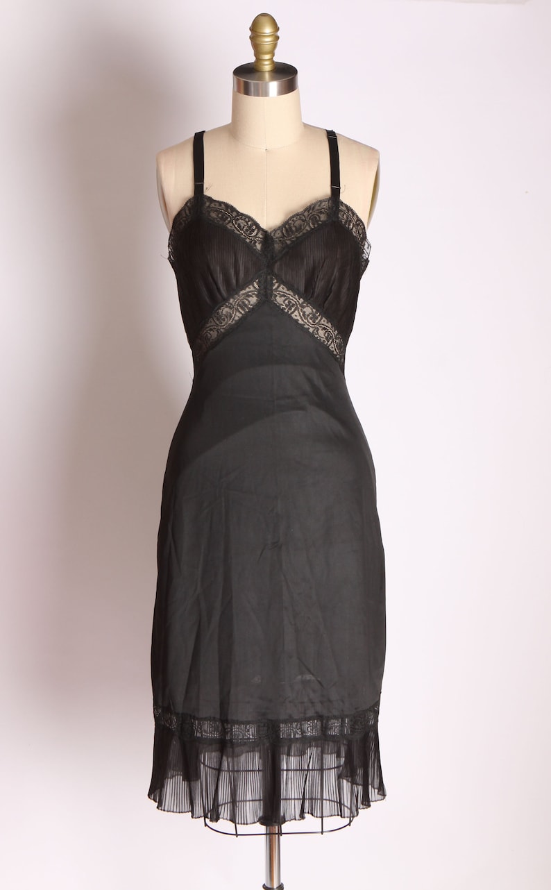 1950s Black Nylon Pleated Hem and Bodice Dress Slip by Charmode