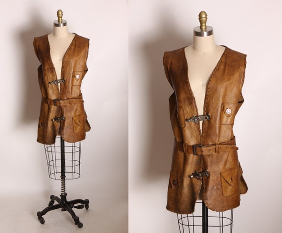 1960s Brown Leather Sleeveless Metal Hardware Brutalist Renaissance Faire Style Vest -XL