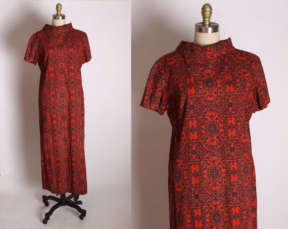 1960s Red and Black Swirl Short Sleeve Sheath Dress -L